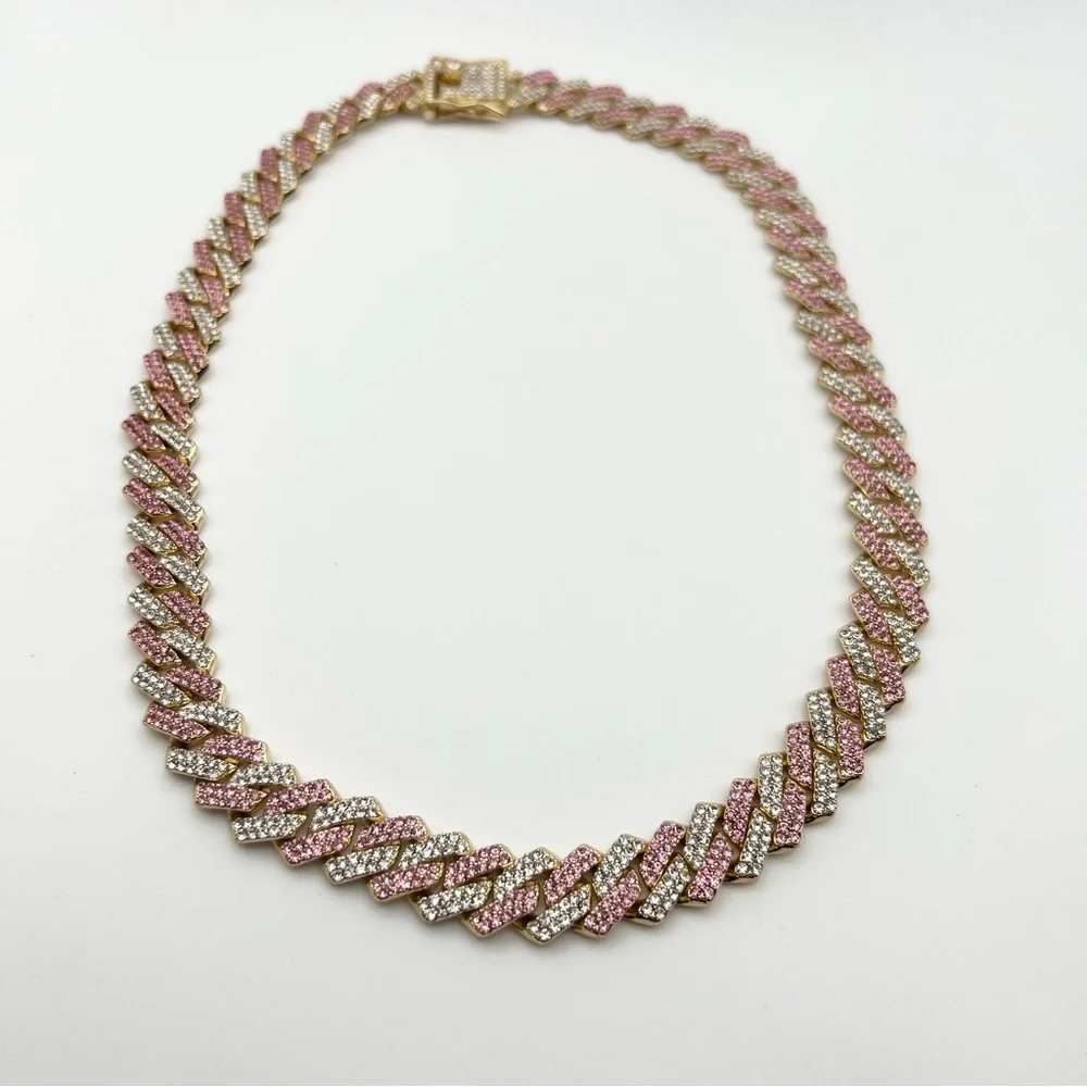 Pink Gold Diamond Bling Cuban Chain Dog Necklace 20 inches